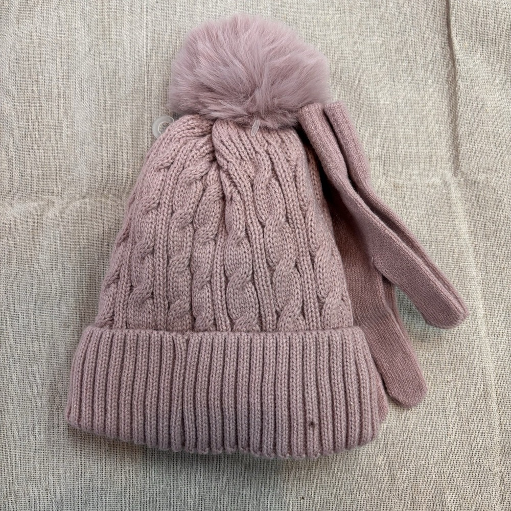London Fog Women's Pink Cable-Knit Pom-Pom Beanie Hat with gloves. One Size